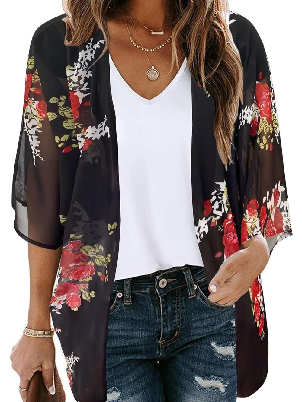 Women’s Black Floral Sheer Kimono Jacket